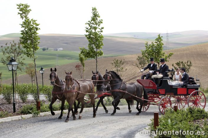 Boda de Arancha y Rafael en Córdoba. Los novios se van en el coche de caballos. Reportaje fotográfico de De la Fuente Fotografía